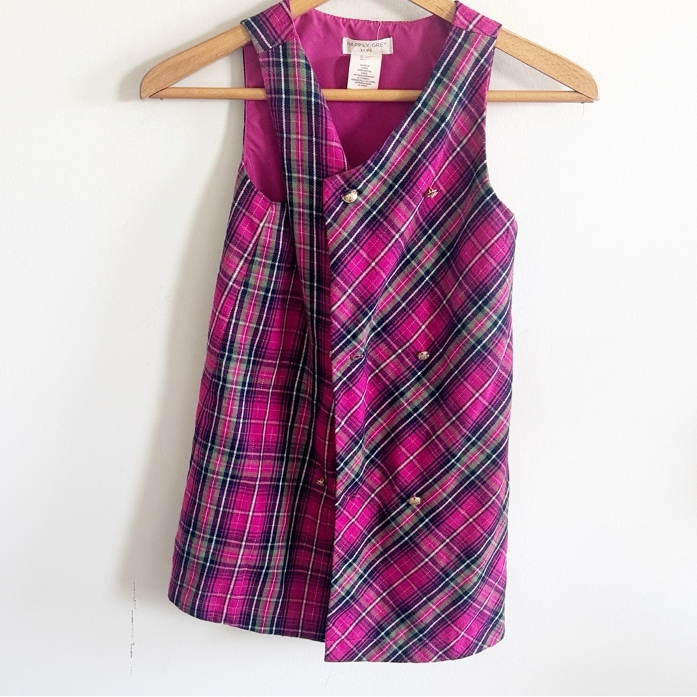 Happily Grey pink plaid gold button dress size 7